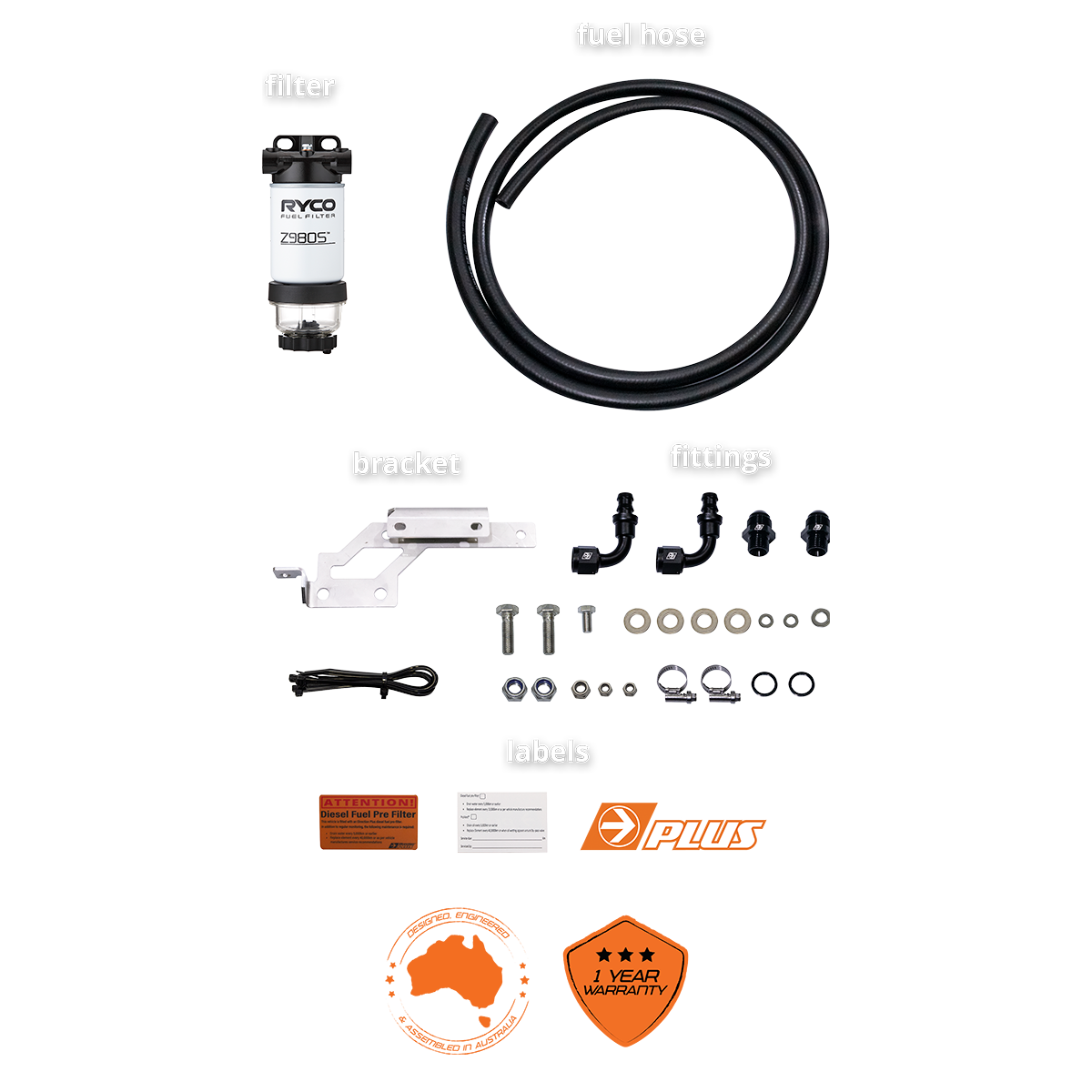 ryco pre-filter kit all parts with labels